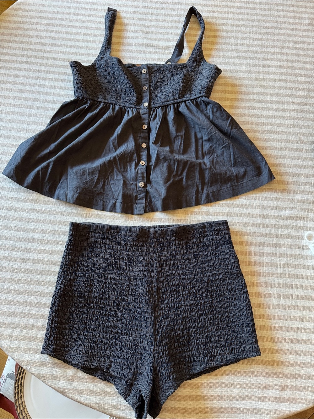 Free People Navy Smocked Button-Front Cami & Short Set